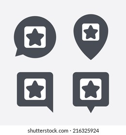 Star sign icon. Favorite button. Navigation symbol. Map pointers information buttons. Speech bubbles with icons. Vector