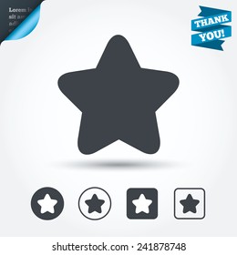 Star sign icon. Favorite button. Navigation symbol. Circle and square buttons. Flat design set. Thank you ribbon. Vector