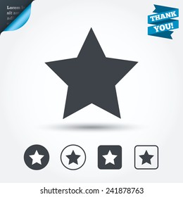 Star sign icon. Favorite button. Navigation symbol. Circle and square buttons. Flat design set. Thank you ribbon. Vector
