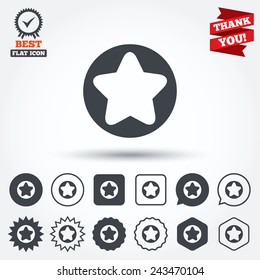 Star sign icon. Favorite button. Navigation symbol. Circle, star, speech bubble and square buttons. Award medal with check mark. Thank you ribbon. Vector