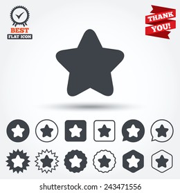 Star sign icon. Favorite button. Navigation symbol. Circle, star, speech bubble and square buttons. Award medal with check mark. Thank you ribbon. Vector