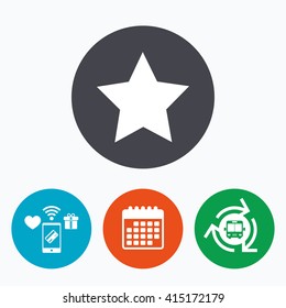 Star sign icon. Favorite button. Navigation symbol. Mobile payments, calendar and wifi icons. Bus shuttle.