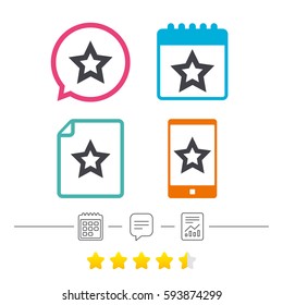Star sign icon. Favorite button. Navigation symbol. Calendar, chat speech bubble and report linear icons. Star vote ranking. Vector