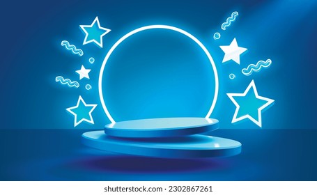 Star sign icon, scene mega sale, shopping podium banner, neon night pedestal. Vector illustration