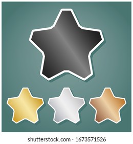 Star sign. Set of metallic Icons with gray, gold, silver and bronze gradient with white contour and shadow at viridan background. Illustration.