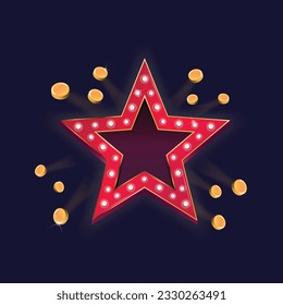 Star signboard template with throwing coins. Casino Billboard template. Vector illustration 