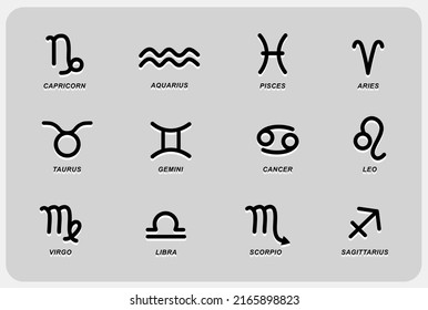 Star signs for astrology horoscope. Zodiac line stylized symbols. Astrological calendar collection, horoscope constellation vector illustration. Zodiac signs set isolated. 