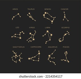 Star signs of the zodiac. Vector illustration. Astrological drawing of the constellations. on a black background.Magic illustration.