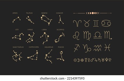 Star signs of the zodiac. Vector illustration. Astrological drawing of the constellations. on a black background. Planet designations. Read the natal chart. Magic illustration. Astrological forecast