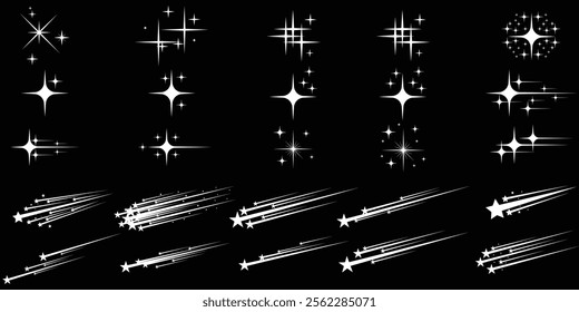 Star silhouette icon set, sparkle, shining rays, falling Star, glitter, star cluster simple vector design elements isolate.