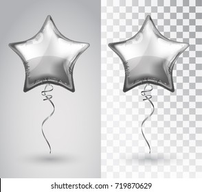 Star silver balloon on transparent background. Party balloons event design decoration. Balloons isolated air. Mockup for balloon print. Stocking Christmas decorations. Vector isolated object.