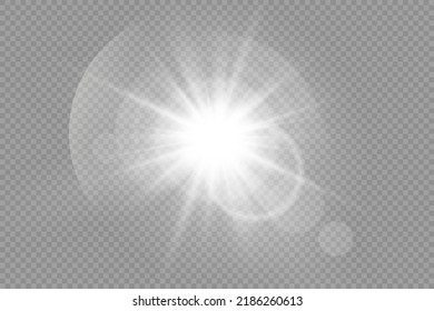 Star silver burst with brilliance, glow star, glowing light burst on transparent background, white sun rays, light effect, flare of sunshine with rays, bokeh effect, glare, vector illustration