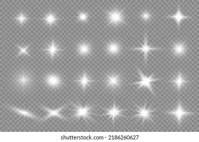 Star silver burst with brilliance, glow star, glowing light burst on transparent background, white sun rays, light effect, flare of sunshine with rays, bokeh effect, glare, vector illustration
