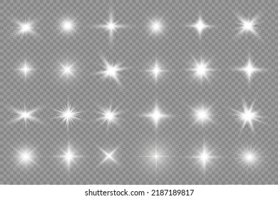 Star silver burst with brilliance, glow star, glowing light burst on transparent background, white sun rays, light effect, flare of sunshine with rays, bokeh effect, glare, vector illustration