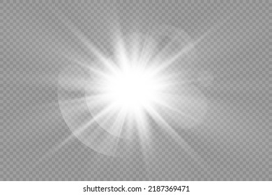 Estrella de plata con brillo, estrella brillante, ráfaga de luz brillante sobre fondo transparente, rayos solares blancos, efecto luminoso, destello de sol con rayos, efecto bokek, resplandor, ilustración vectorial