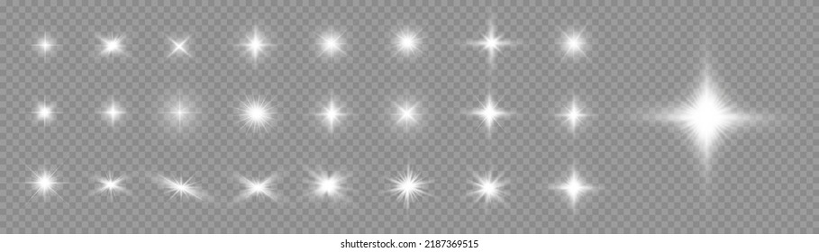 Estrella de plata con brillo, estrella brillante, ráfaga de luz brillante sobre fondo transparente, rayos solares blancos, efecto luminoso, destello de sol con rayos, efecto bokek, resplandor, ilustración vectorial