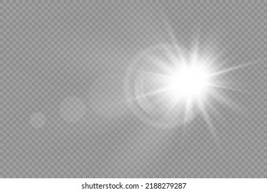 Star silver burst with brilliance, glow star, glowing light burst on transparent background, white sun rays, light effect, flare of sunshine with rays, bokeh effect, glare, vector illustration