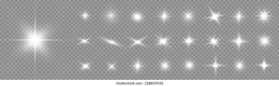 Star silver burst with brilliance, glow star, glowing light burst on transparent background, white sun rays, light effect, flare of sunshine with rays, bokeh effect, glare, vector illustration