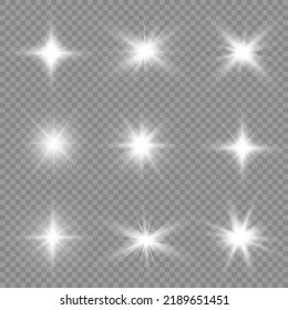 Star silver burst with brilliance, glow star, glowing light burst on transparent background, white sun rays, light effect, flare of sunshine with rays, bokeh effect, glare, vector illustration