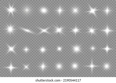 Star silver burst with brilliance, glow star, glowing light burst on transparent background, white sun rays, light effect, flare of sunshine with rays, bokeh effect, glare, vector illustration