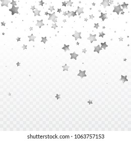 Star silver confetti. Celebrate background. Silver sparkles and dots on black backdrop. Christmas party invitation card template. Falling stars. Glitter background. 