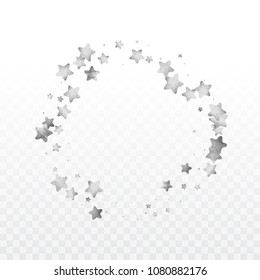 Star silver confetti. Celebrate background. Silver sparkles and dots on black backdrop. Luxury invitation card template. Falling stars. Glitter background. 