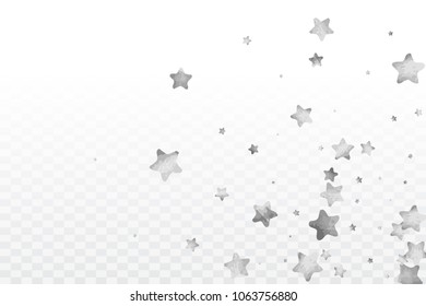 Star silver confetti. Glitter vector celebrate background. Silver sparkles and dots on black backdrop. Christmas party invitation card template. Falling stars. Glitter background. 
