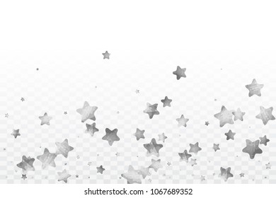 Star silver confetti. Glitter vector celebrate background. Silver sparkles and dots on black backdrop. Christmas party invitation card template. Falling stars. Glitter background. 