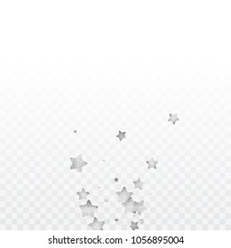 Star silver confetti. Glow vector celebrate background. Silver sparkles and dots on black backdrop. Luxury invitation card template. Falling stars. Glitter background. 