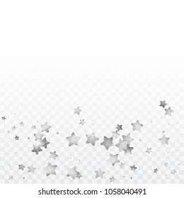 Star silver confetti. Glow vector celebrate background. Silver sparkles and dots on black backdrop. Luxury invitation card template. Falling stars. Glitter background. 