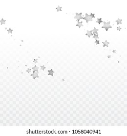 Star silver confetti. Glow vector celebrate background. Silver sparkles and dots on black backdrop. Luxury invitation card template. Falling stars. Glitter background. 