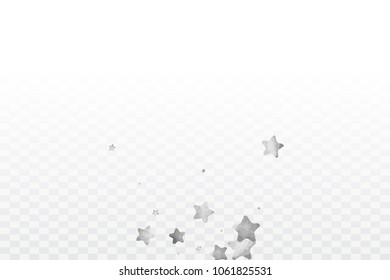 Star silver confetti. Glow vector celebrate background. Silver sparkles and dots on black backdrop. Christmas party invitation card template. Falling stars. Glitter background. 