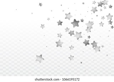 Star silver confetti. Glow vector celebrate background. Silver sparkles and dots on black backdrop. Christmas party invitation card template. Falling stars. Glitter background. 