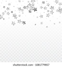 Star silver confetti. Glow vector celebrate background. Silver sparkles and dots on black backdrop. Christmas party invitation card template. Falling stars. Glitter background. 