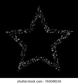 Star of Silver Glittering Stars on Black Background. Greeting Card, Wedding, Invitation Template with Shimmering Confetti. Dark Sky Vector Background with Free Space for Glamour, Luxury Design.