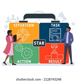 STAR - Situation, Task, Action, Result acronym. business concept background.  vector illustration concept with keywords and icons. lettering illustration with icons for web banner, flyer, landing pag