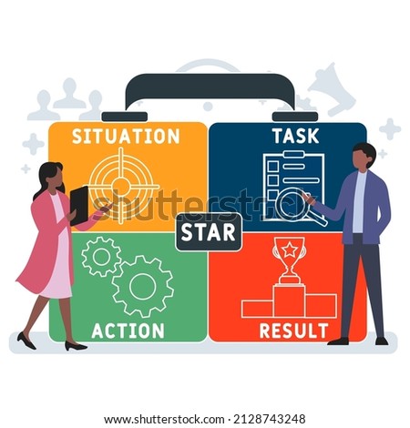 STAR - Situation, Task, Action, Result acronym. business concept background.  vector illustration concept with keywords and icons. lettering illustration with icons for web banner, flyer, landing pag