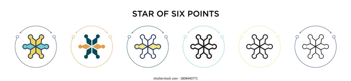 Estrella de seis puntos en el estilo relleno, delgado, contorno y trazo. Ilustración vectorial de dos estrellas coloreadas y negras de seis puntos de iconos vectoriales se pueden utilizar para móviles, ui, web