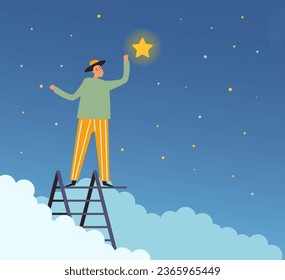 Star sky ladder reach stairs people success concept. Vector graphic design illustration