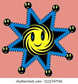 Star with smiling face icon. Vector illustration on pink background. Funny character for creative disign or print on the t-shirt