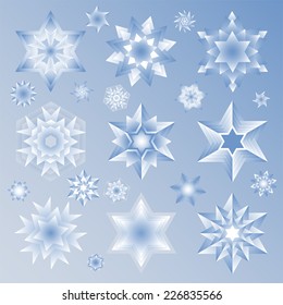 Star and Snowflake icon set. Glowing stars and snowflakes for Winter, Christmas and Holiday season designs. Set of 22 different vector elements in light blue shades, no-transparency used.