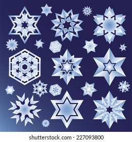 Star and Snowflake icon set. Glowing stars and snowflakes for Winter, Christmas and Holiday season designs. Set of 22 different vector elements on dark blue background, no-transparency used.