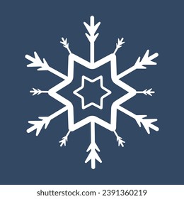 Un copo de nieve estrella para el espionaje y el concepto invernal. Un copo de nieve blanco sobre fondo azul oscuro aislado