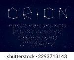 Star space font or type. Starry constellation typeface, galaxy alphabet letters and numbers on night sky background. Vector abc of twinkle stars with sparkles and shiny light, astrology and astronomy