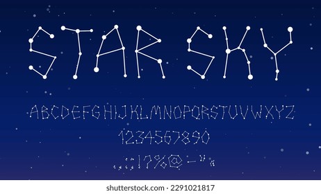 Star space font type, starry typeface or galaxy alphabet, vector letters constellation. Stars font type or typography typeset with zodiac constellation of ABC alphabet in connected stars in sky