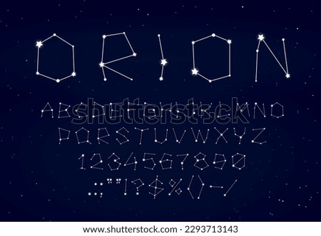 Star space font or type. Starry constellation typeface, galaxy alphabet letters and numbers on night sky background. Vector abc of twinkle stars with sparkles and shiny light, astrology and astronomy
