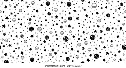 Star space pattern. Vector seamless background with space sky, moon, mystic astrologic print. Galaxy, moon, sun abstract magic black texture. Universe design illustration. Black star pattern seamless
