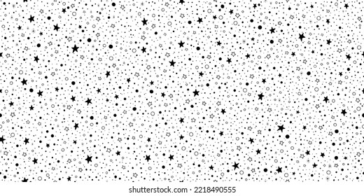 Star space pattern. Vector seamless background with space sky, moon, mystic astrologic print. Galaxy, moon, sun abstract magic black texture. Universe design illustration. Black star pattern seamless