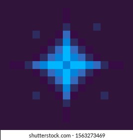 Star space pixel game, solar system sign in dark night sky. Vector 8 or 16 bit retro video game, cosmic body or starship in universe, pixel-art play