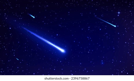 El cielo del espacio estelar con cometas, asteroides o meteoritos en caída en galaxia estrellada, fondo vectorial. Espacio exterior cielo azul oscuro con estrellas brillantes y planetas brillando la luz en galaxia extraterrestre